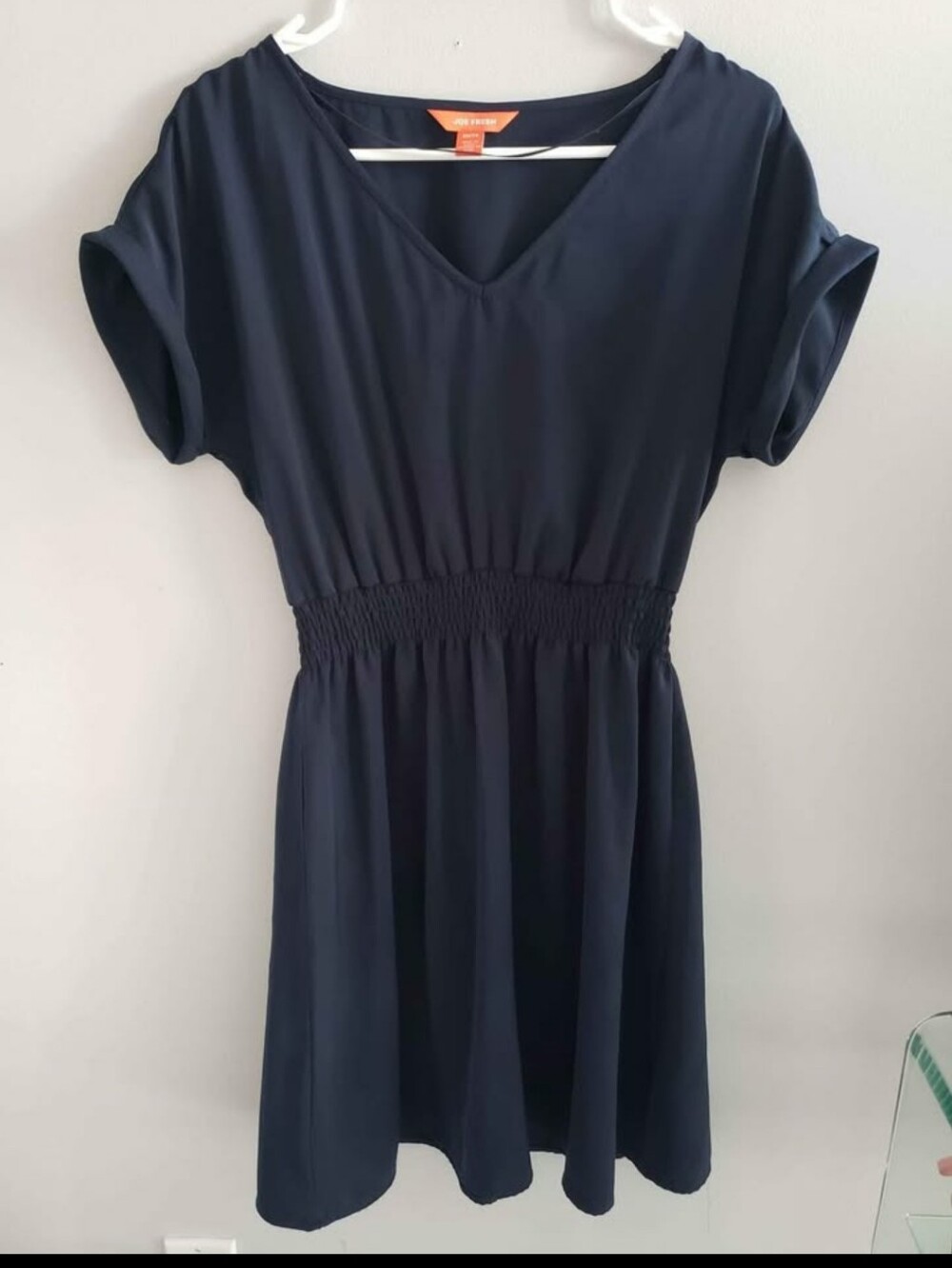 Joe Fresh Dark Navy V-Neck Short Sleeve Smocked Waist Dress